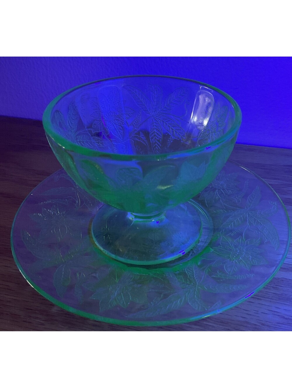 Vintage Uranium Glass 3” Bowl/Cup With Matching 6” Plate